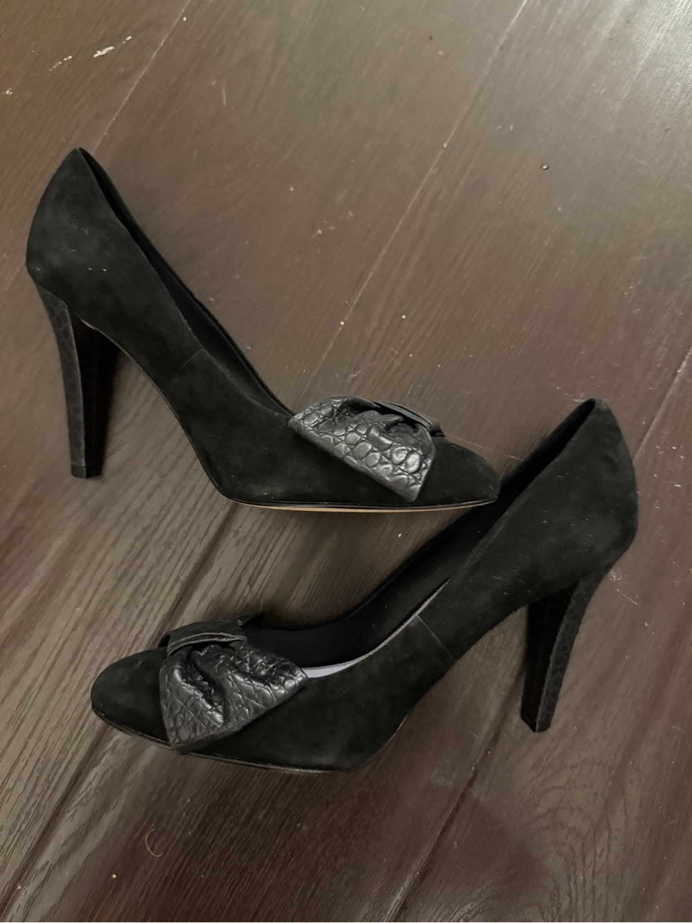 Delman Black Suede High Heels with Textured Bow